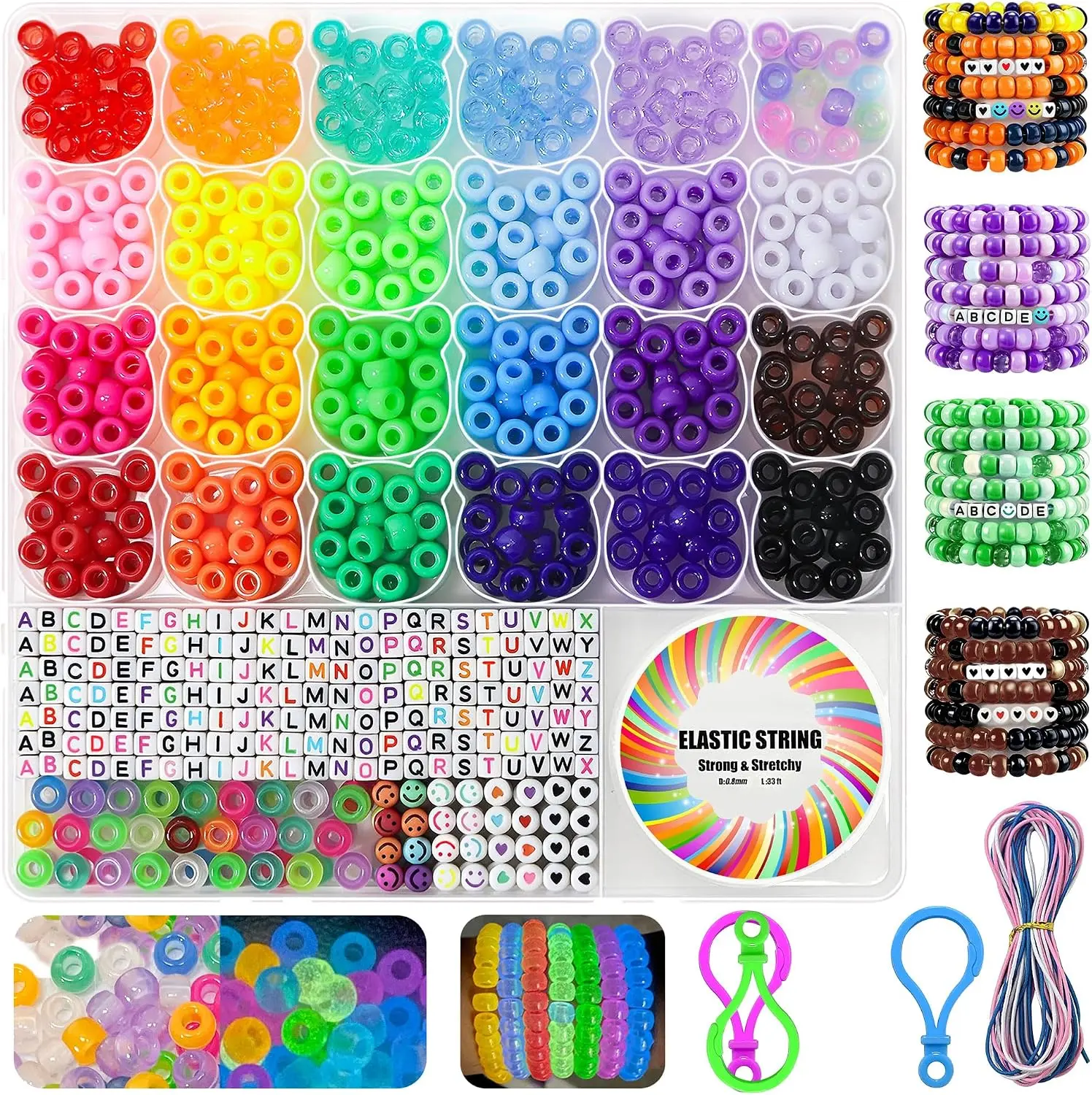 1000+PCS Bracelet Making Kit, Neon Bead Friendship Jewelry Necklace kit 25 Colors 9mm Pony Beads for Bracelet Making Beads, Letter Bead, DIY Crafts Gifts for Girls
