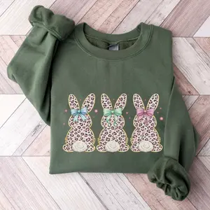 Easter Bunny Sweatshirt Cute Pink Leopard Bunny Shirt Women Spring Easter Gift Rabbit Graphic Crewneck Pullover