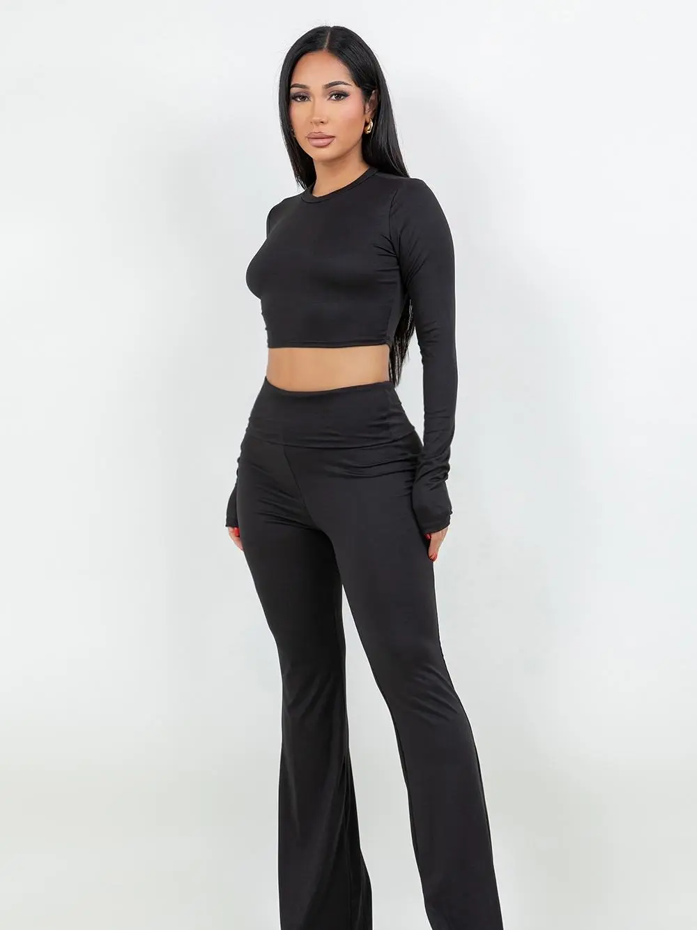 Women's Solid Mock Neck Long Sleeve Tee & Flare Leg Pants Loungewear Set Casual Comfy All-Season Pajama Set for Daily Wear Ladies Sleepwear Perfect Matching PJ Womenswear