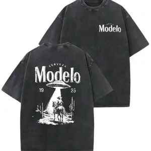 Modelo UFO Cowboy Graphic Shirt, 230g Heavyweight Vintage Washed Cotton Tee, Retro Western Cerveza Modelo Shirt, Y2K Oversized UFO Desert Design, Trendy Summer Streetwear Top