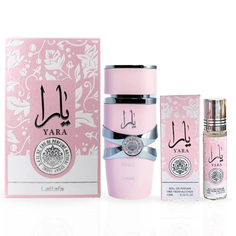 Lattafa Yara Women's 2-Piece Fragrance Gift Box Set - 3.4 Oz Eau de Parfum Spray, 0.34 Oz Concentrated Perfume Oil, Daily Elegance Packaged Unit Boxed Assortment Women's Fragrance