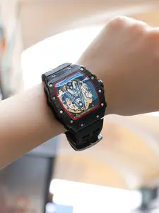 Large Barrel Men's Watch Hollow Automatic Mechanical Watch&Rubber Strap Street Fashion Gift Box Packaging