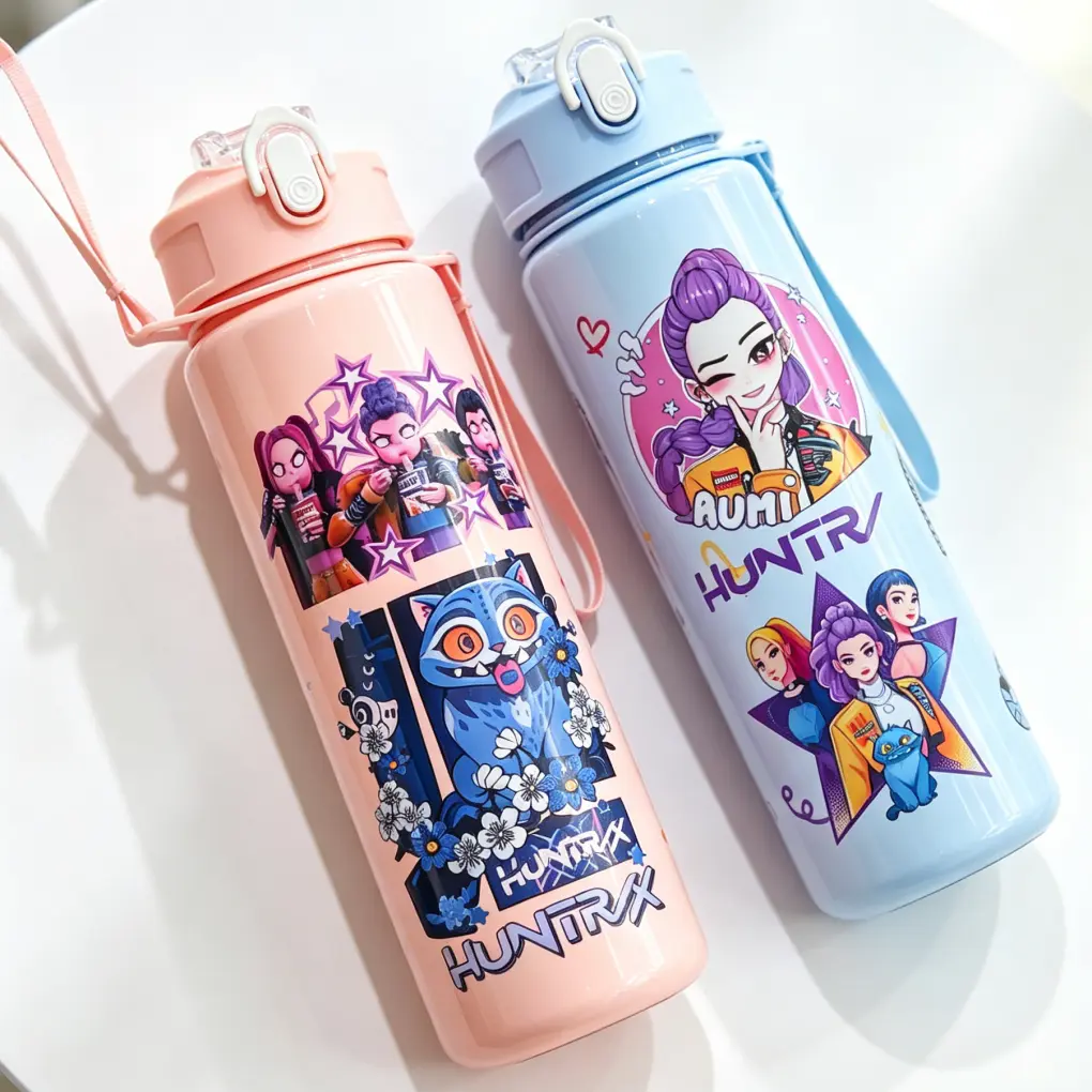 Transparent water bottle, with flip-top straw portable water cup, with hanging strap, leak-proof drinking bottle, suitable for KPOP fans, students, sports and outdoor daily hydration