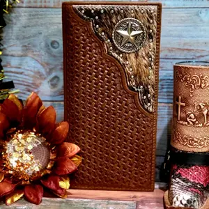 Sheriff Star  concho Western Genuine Leather cowhide Wallet Handtooled Bi-Fold 7 Inches Long with Credit Card Slots, Cash Compartments & Back Pocket brown and tan Exquisite Cardholder