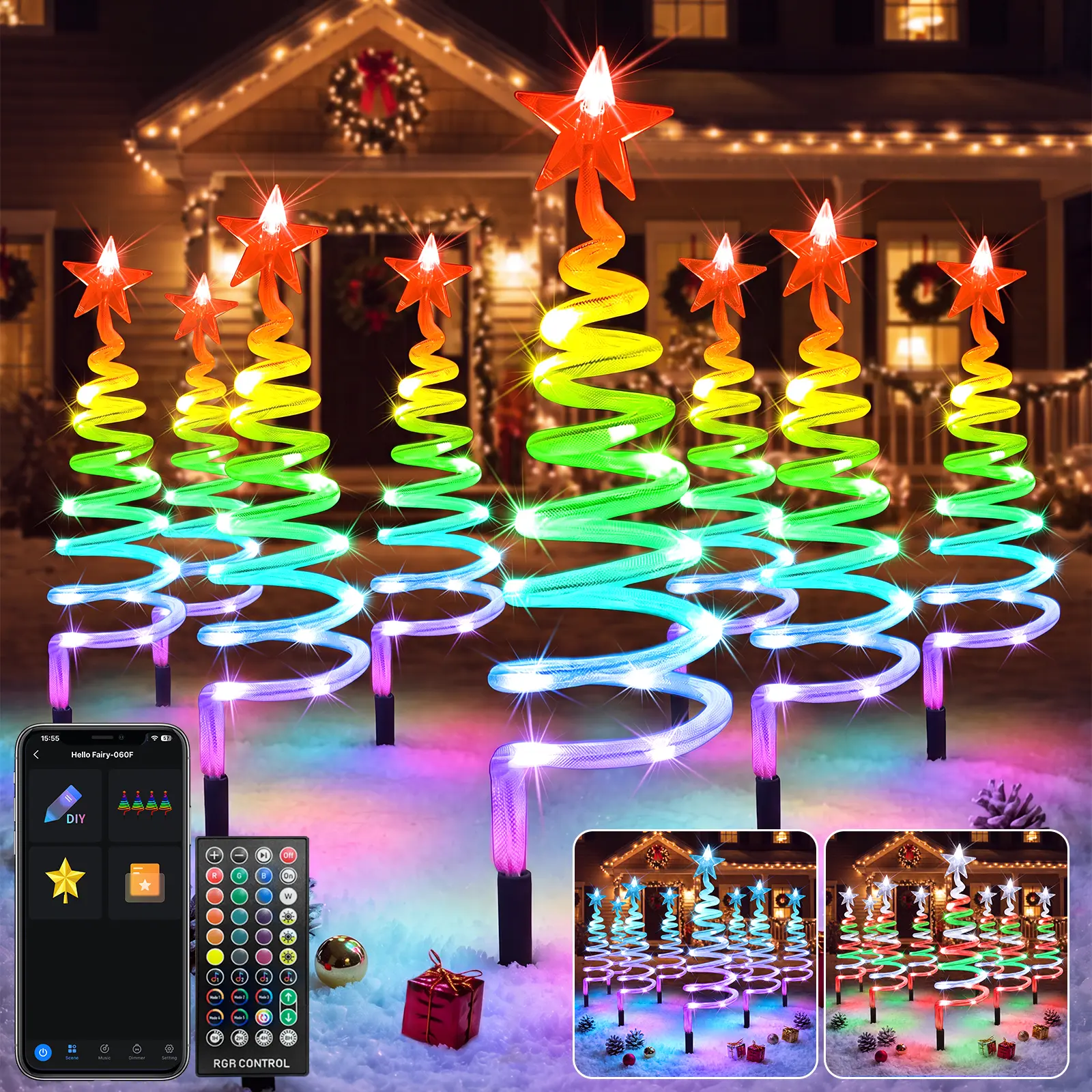 Avatar Controls 8 Pack Smart Christmas Pathway Lights Outdoor APP Control Multicolor Connectable Spiral Tree Lights with RGB DIY Music Timer LED Decorations for Pathway Yard Walkway Festive Holiday Ornaments