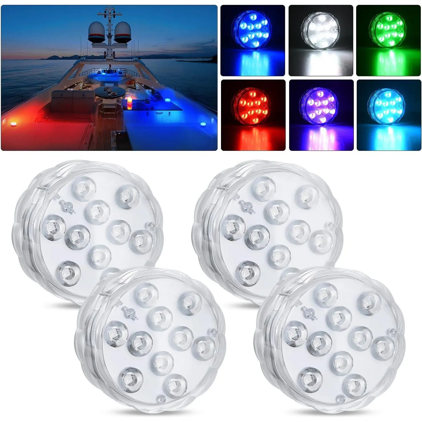 Nilight 4 PCS 10LED RGB Wireless Remote Control Waterproof Submersible Marine Lights - Easy Installation, Pool Ambiance, Exterior Deck Lights for Boats, Yacht, Sailboat, Golf Carts Accessories