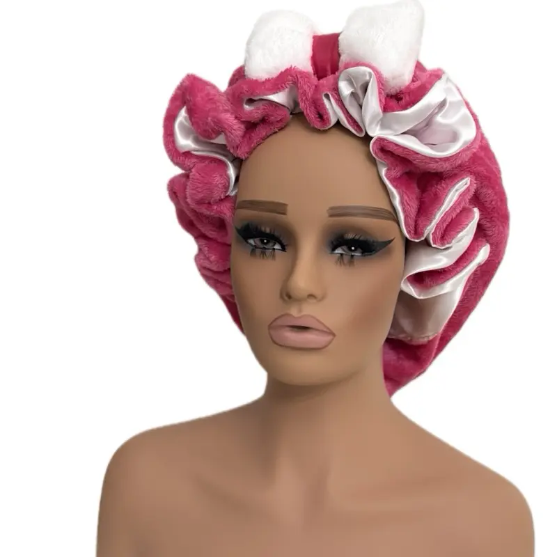 Pink teddy fleece and white satin lined hair bonnet, sleep hair wrap, large size, protect cap for curly natural hair