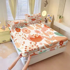 Terracotta floral print fitted sheet set, includes 1 fitted sheet and 2 pillowcases, no filling, Bohemian botanical print bedding set, autumn floral pattern fitted sheet set, soft and comfortable fabric.