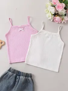 Summer Girls' Bow Tie Striped Tank Tops, Soft Skin-Friendly Fabric, Casual Versatile, 2 Piece Set, Perfect for Daily Wear