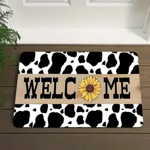 Durable Entryway Floor Mat, Dirt & Water Absorbent, Non-Skid Bottom, Stain Resistant. Playful Cow Print & "WELCOME" with Sunflower Design, Ideal for Front Door & Porch Use