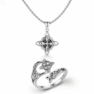 Women 925 Sterling Silver Wiccan Witch Knot Jewelry Set, Celtic Trinity Knot Protection Pendant Necklace & Adjustable Open Fox Ring, Hypoallergenic Vintage Irish Amulet Gift for Mom Wife Girlfriend Birthday Xmas