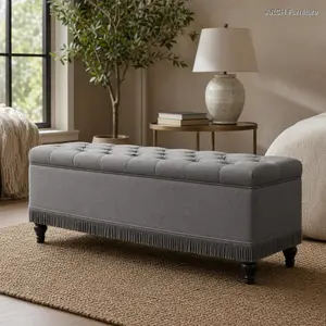 ARCH 29.5'' Storage Bench with Button Tufted Fabric Upholstered Ottoman, End of Bed Bench with Fringe, Shoe Cabinet Bench, Footboard Bench for Bedroom Entryway Cloakroom, Grey, Home Furniture and Household Product Search Terms for US Online Shopping