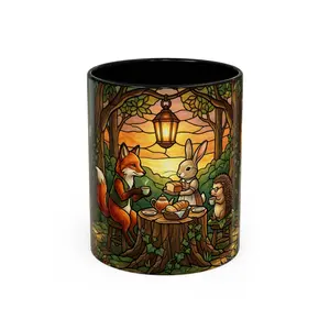 Stained Glass Cottagecore Mug – Woodland Animals Tea Party Cup – Fox Rabbit Hedgehog Coffee Mug – Cozy Forest Gift – 15oz Nature Lover Mug