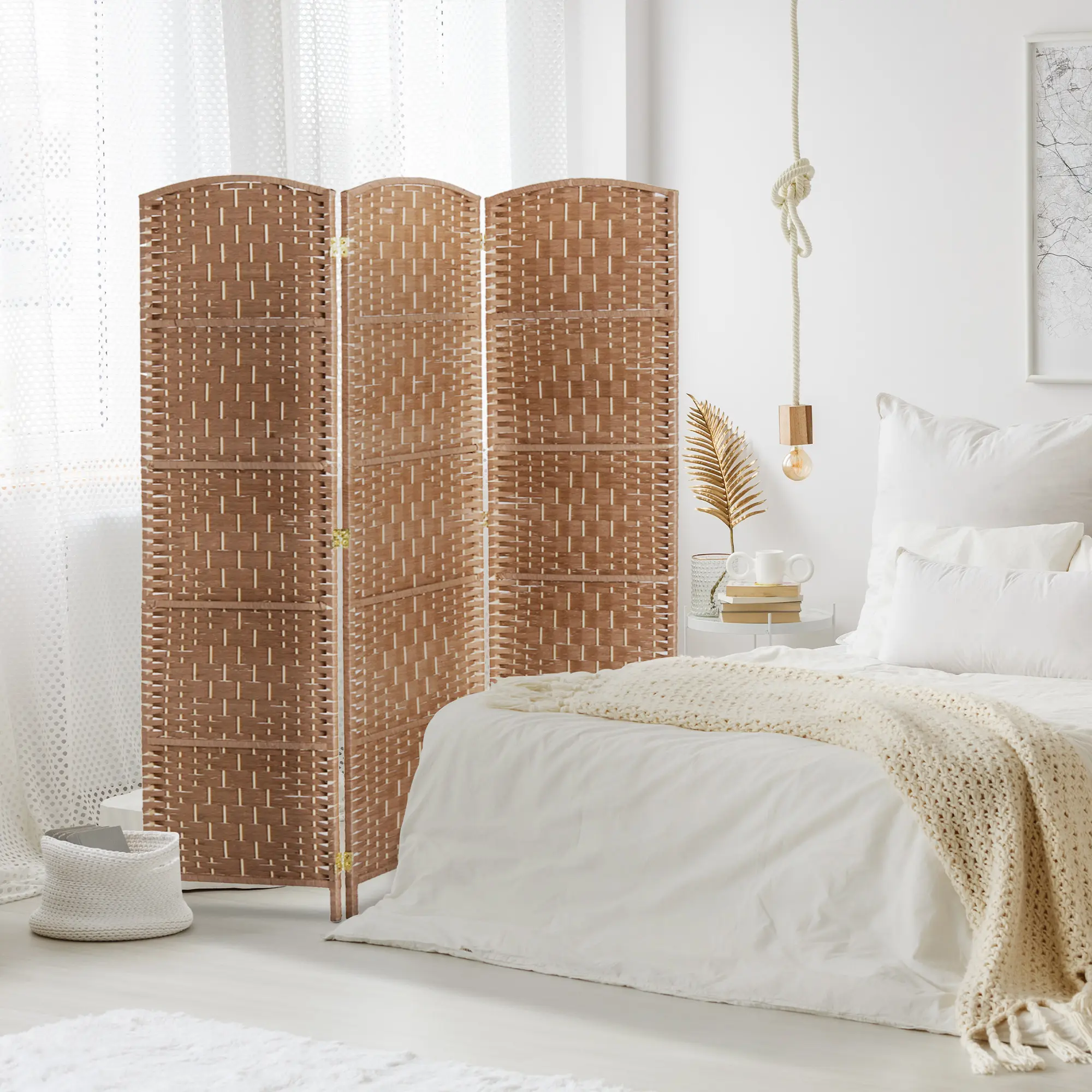 3-Panel Folding Room Divider - Portable Natural Wood Frame Privacy Screen with Wave Fiber Panels, Freestanding Decorative Partition for Home, Office