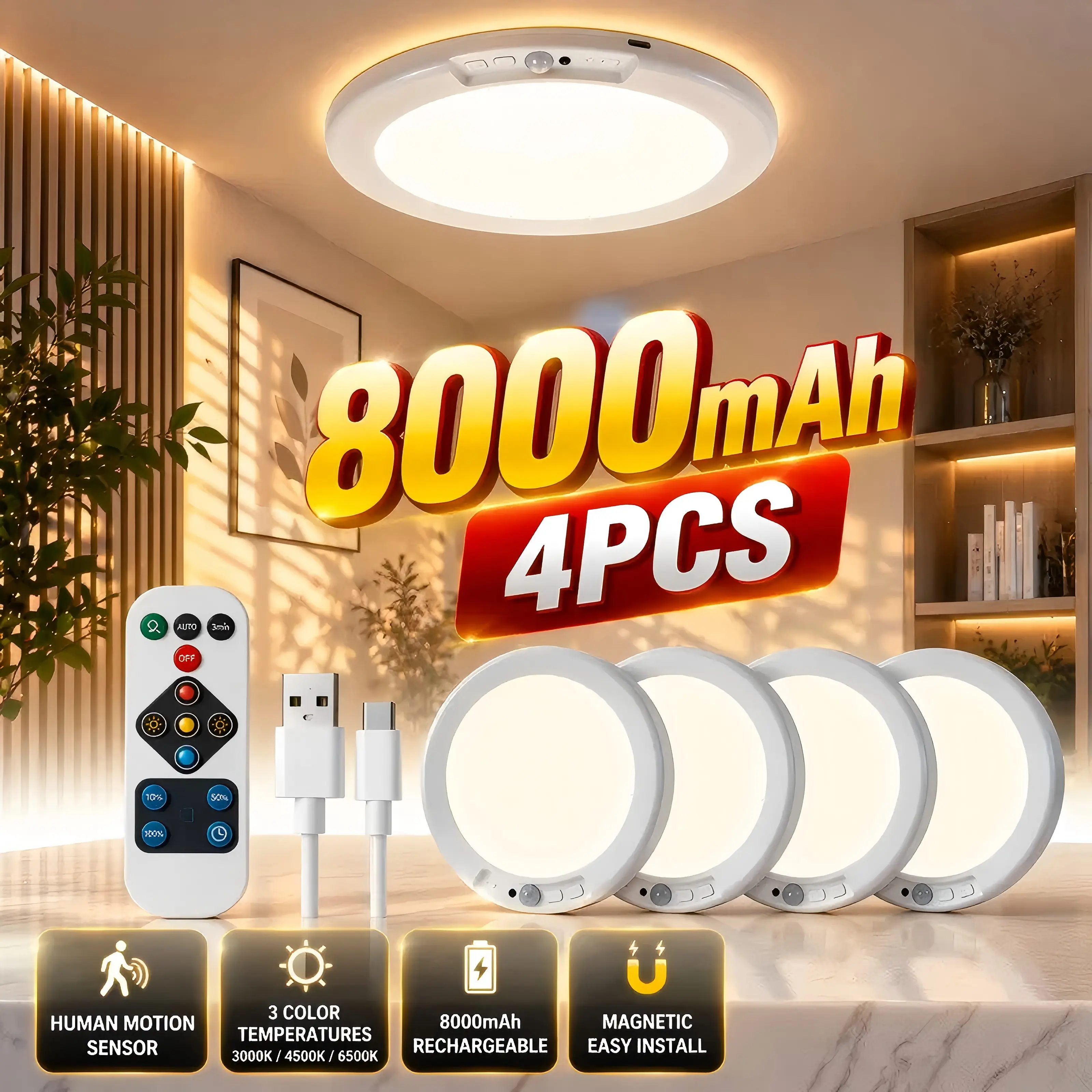 Rechargeable Motion Sensor Ceiling Light - 4/2/1 Pack Wireless Magnetic LED Light with Remote Control, Batteries, 3 Color Modes (Cool White), 10 Dimmable Brightness Settings, 7-10 Hour Runtime, 30-60 Day Battery Life, Ideal for Closets, Garages