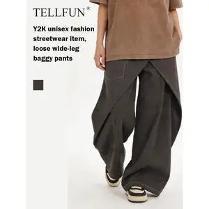 Wrap Panel High Waist Baggy Barrel Pants Waist Asymmetric Wrap Design Strap Detail Casual Streetwear Unisex Trousers 2in1 Sweatpants Loose Fit