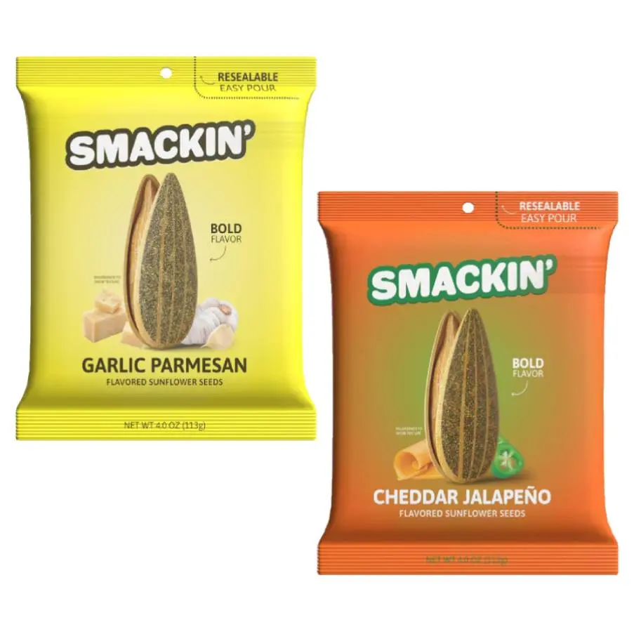 SMACKIN' Jumbo Roasted Sunflower Seeds Duo Pack - Garlic Parmesan & Cheddar Jalapeño Flavors - Low Sodium Handcrafted American Made 4oz Bags - Bold Flavor - Small-Batch Crafted - Resealable Easy Pour