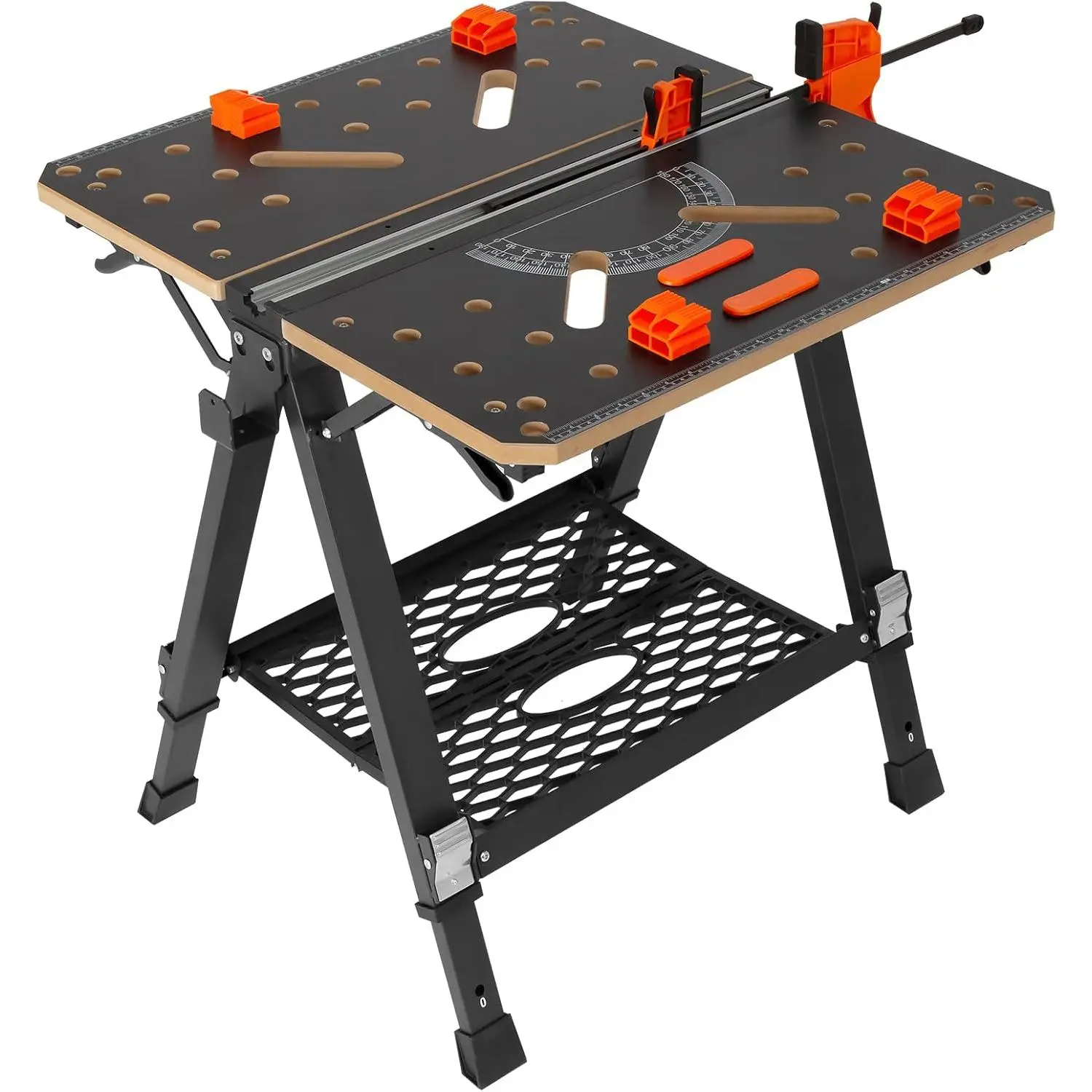 VEVOR Folding Work Table, 2-in-1 as Sawhorse & Workbench, 1000 lbs Capacity, 7 Adjustable Heights, Steel Legs, Portable Foldable Tool Stand with Wood Clamp, 4 Bench Dogs, 2 Hooks, Easy Garage Storage