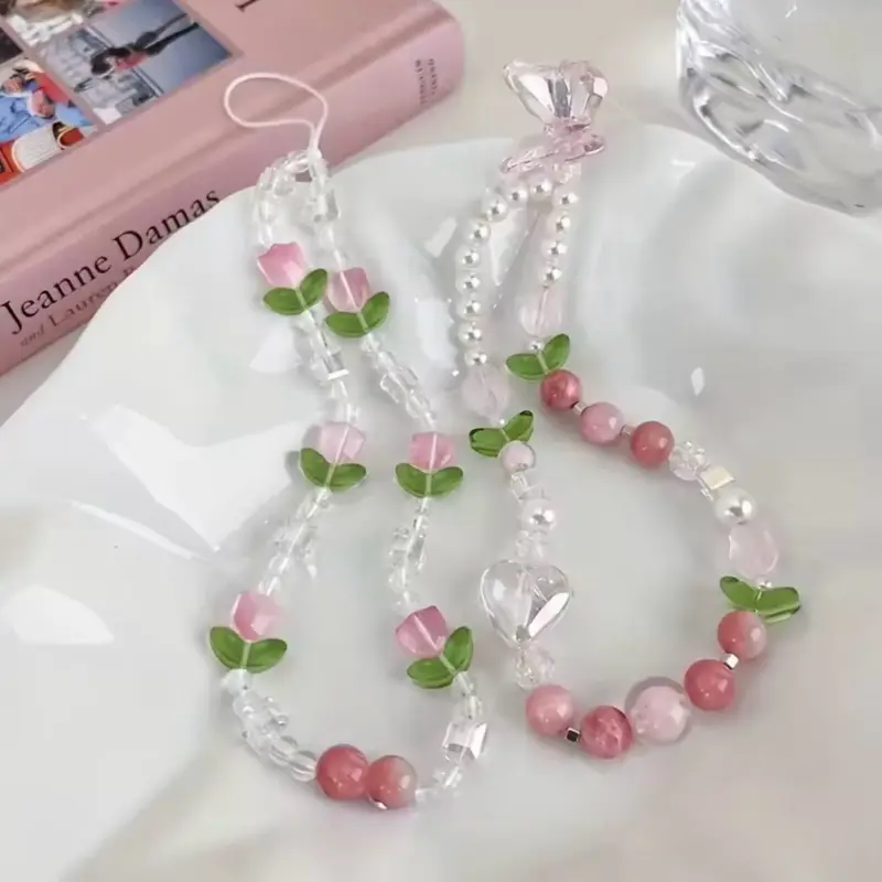 Cute Peach Beaded Phone Charm Strap Pearl Flower Lanyard Wrist Chain for iPhone