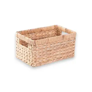 Natural Woven Water Hyacinth Wicker Rectangular Storage Bin Basket with Handles, Large