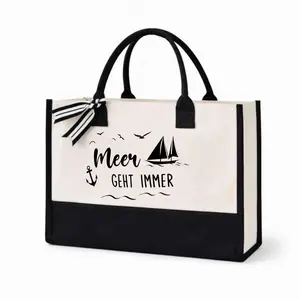 Nautical Style, Canvas Tote Bag, Meer Geht Immer Sailboat Anchor Print, Black And White Cotton Fabric With Ribbon Bow Detail, Women Beach Shopping Work Daily Use, One Piece