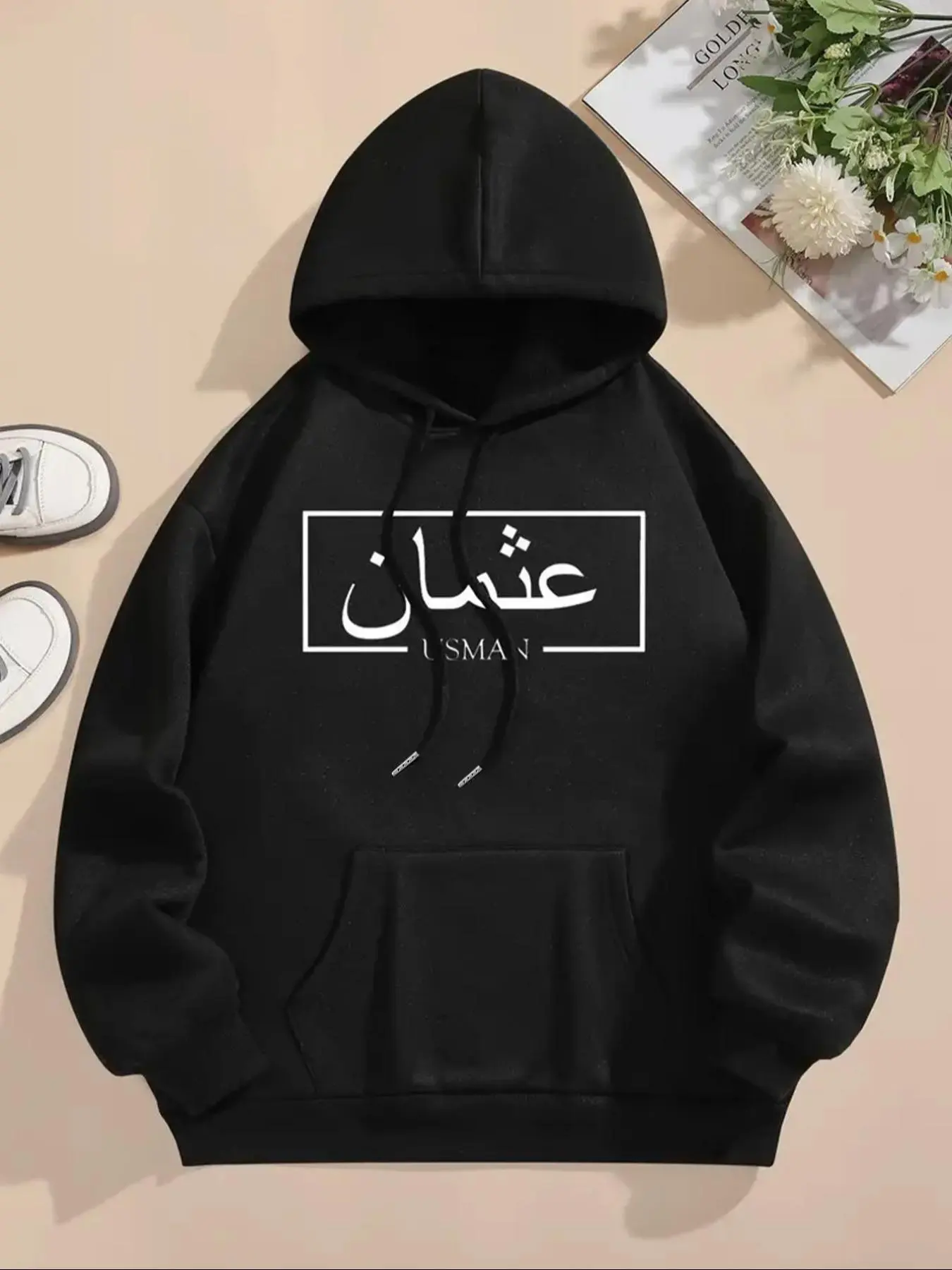 Women's Arabic Letter Print Thermal Lined Drawstring Hoodie, Fashion Casual Pocket Hooded Sweatshirt for Daily Outdoor Wear, Women Fall & Winter Clothes