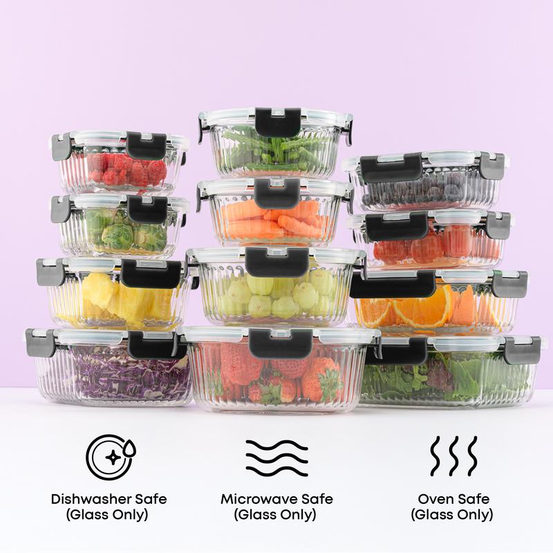 JoyJolt 24pc Fluted Glass Storage Containers (12 Airtight, Freezer Safe Food Storage Containers and 12 Lids), Pantry Kitchen Storage Containers, Glass Meal Prep Container for Lunch, Glass Storage Containers with Lids