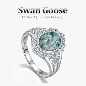 S925 Sterling Silver nature inspired Green Moss Agate Ring with 5A Cubic Zirconia Accent，Elegant and Stylish Ring Jewelry for Women,Fashion Jewelry for Party, Daily Clothing Decor, Trendy All-match & Exquisite Jewelry for Birthday Christmas Gift