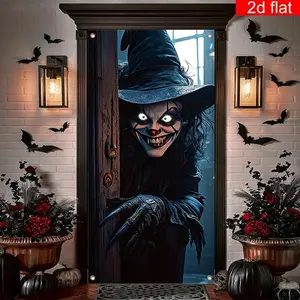 Scary Witch Large Door Cover, 2D Flat Banner, Halloween Front Door Decoration, Bright & Durable Polyester, Perfect for Home Parties