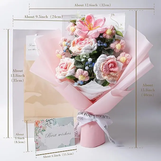 Crochet Flower Bouquet - 12.6-inch Pink & White Floral Arrangement with 9.5-inch & 13.8-inch Dimensions for Gift
