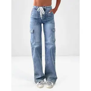 New for 2025: Women's versatile, slimming denim cargo pants with a washed finish, drawstring design, multiple pockets, and a comfortable fit.  Practical and stylish, perfect for casual wear.