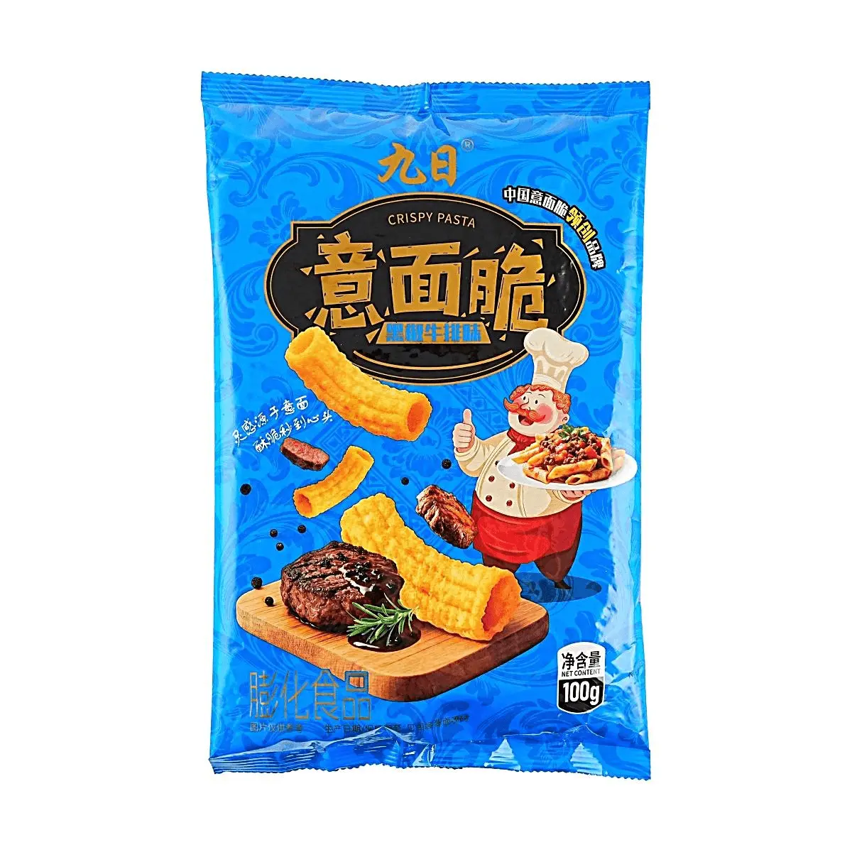 Jiu Ri Black Pepper Steak Flavor Instant Pasta Crisps 100g - Crispy Savory Snack, Bold Black Pepper Taste
