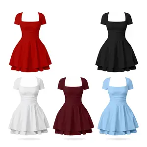 Women's Casual Square Neck Ruffle Hem Mini Dress Short Sleeve Short Party Dresses With Pockets