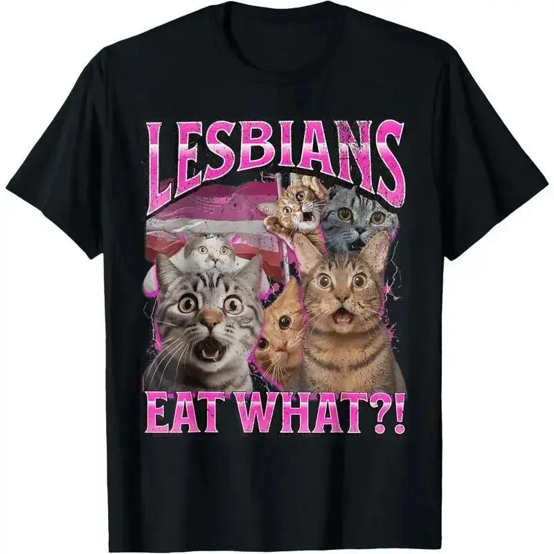 Men's 100% Cotton Sporty Chic Short-Sleeve Top - Funny Cat LGBTQ Gay Pride "Lesbians Eat What!" Graphic, for Sports & Outdoor Activities