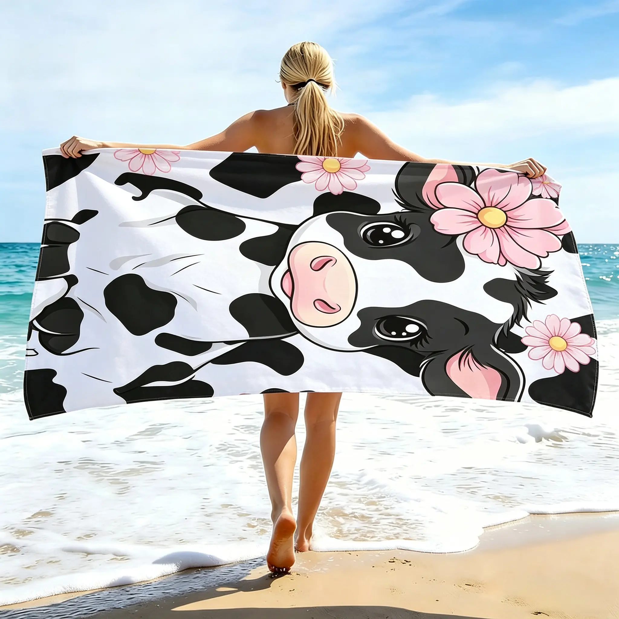 Cute Cow & Pink Flower Vintage Cotton Bath Towel - 250g, Thick, Super Absorbent, Soft, Quick Dry, Lightweight, Portable, Unisex - Ideal for Beach, Swimming, Water Sports - Perfect Holiday Gift, Cow Flower Portable Multipurpose Towel Microfiber Hand