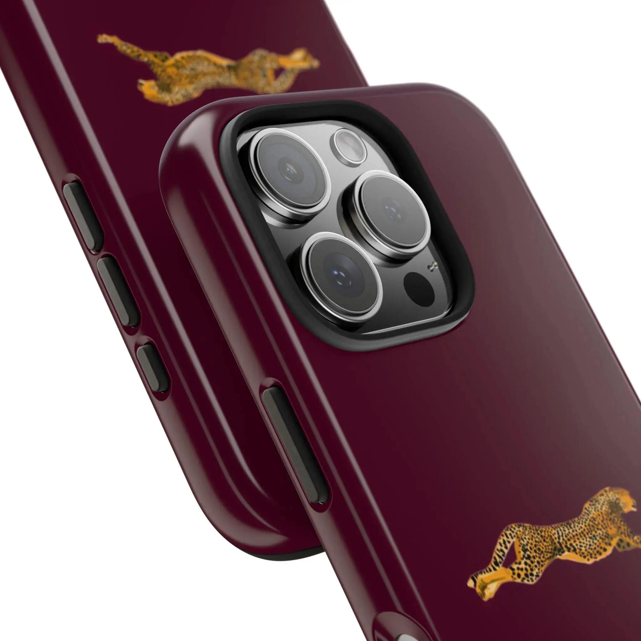 Elegant Cheetah "The World Is Yours" Phone Case, Burgundy Dark Feminine Aesthetic Tough Shockproof Double Layer Cover for iPhone 17/16/15/14/13/12 Pro Max Plus, Luxe Girly Gift