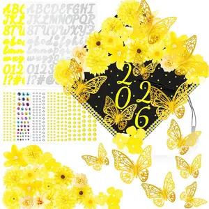 36 count Graduation Cap Decorations Kits Faux Flower  Butterfly Rhinestones Glitter Alphabet Letter Sticker Yellow Flower DIY Graduation Cap Decorations for Grad Cap Topper Graduation Party DIY Crafts