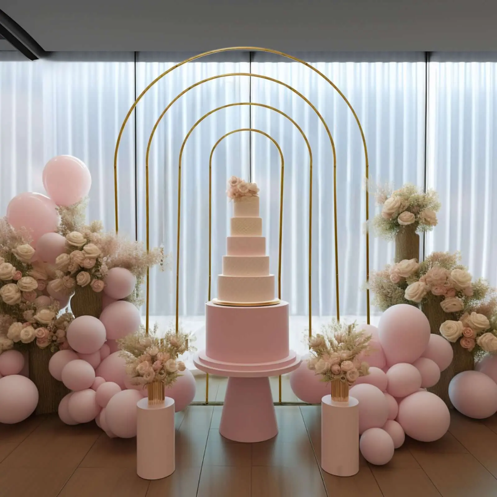 8ft Height Decorative Gold Metal Multi-Layered Round Top Chiara Backdrop Stand, Rainbow Floral Frame Wedding Arched Backdrop for Ceremony, Indoors