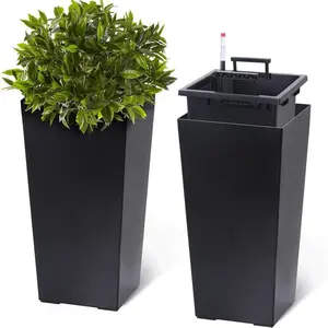 Black 22.5 Inch Tall Rectangular Planters Set of 2 Large Modern Plant Pots with Drainage Holes & Water Level Monitor for Outdoor and Indoor Use Garden