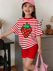Girls' Strawberry Striped Printed Two-Piece Set, Summer Short Sleeve Top & Solid Color Shorts, Casual Slim-Fitting, Casual Outfit Set
