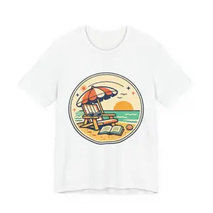 Men's summer aesthetic, coastal vibes Graphic T-Shirt - Short Sleeve Crew Neck Regular Fit Casual Wear | Soft & Breathable Fabric, Durable Print, Everyday Comfort, Machine Washable, vintage illustration beach scene with sunset, beach chair, umbrella,