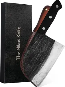 The Nikos Knife 6.7” Hand-Forged Serbian Chef Knife - High Carbon Steel Multipurpose Full Tang Butcher Knife with Ebony Wood Handle - Razor Sharp Blade for Chopping and Slicing - Includes Premium Leather Sheath