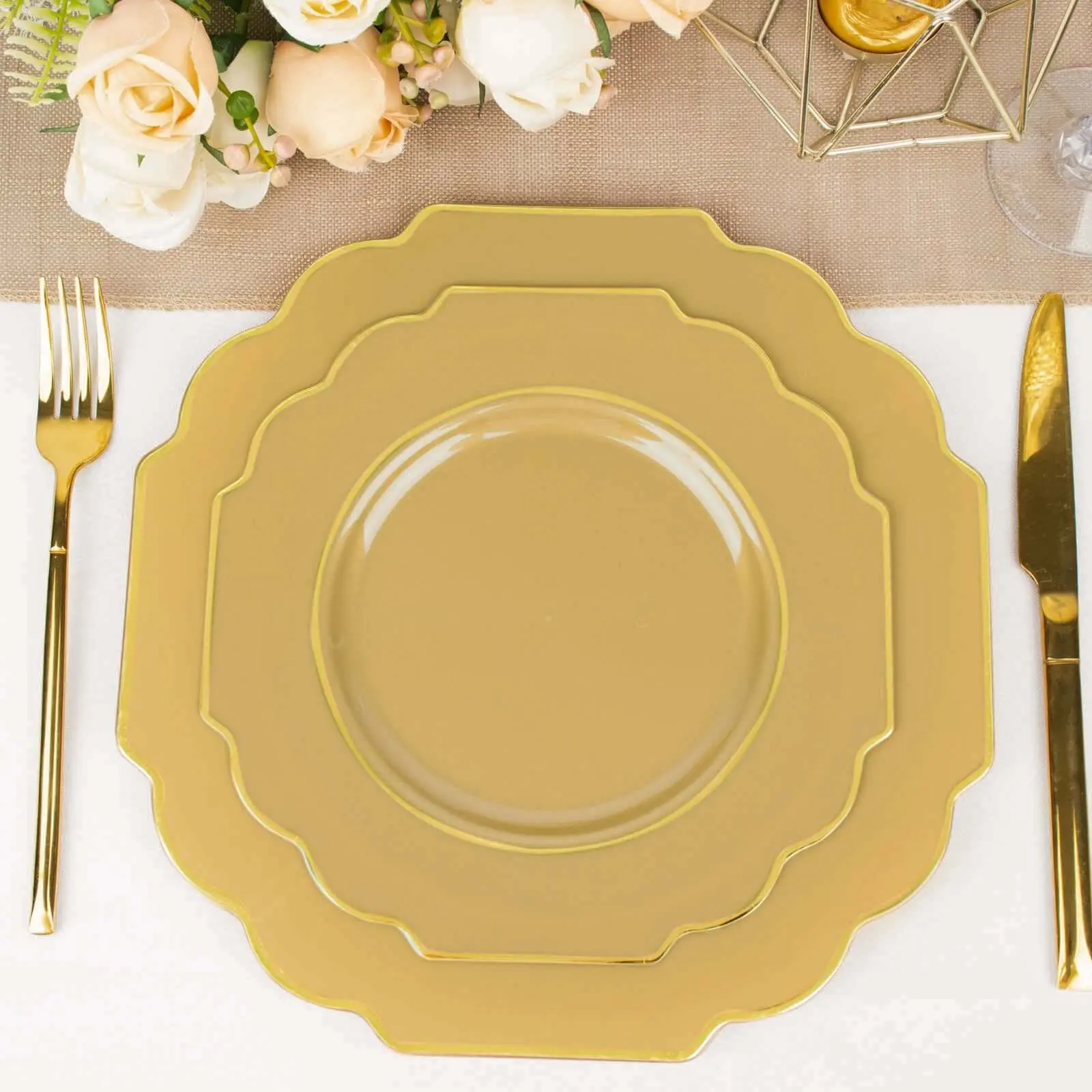 10-Pack Elegant Plastic Party Plates, 8" Gold Baroque Design with Scalloped Edge Gold Rim - Heavy Duty Disposable Dinnerware for Baby Shower, Salad & Dessert Appetizer Use, Elegant Plastic Plates