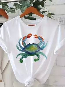 Men's Crab Print T-Shirt - Soft Stretchy Short Sleeve Round Neck Casual Shirt Suitable for Spring Summer Fall, Beige Crab for Beach Office Party Wear, Machine Washable Crab Top for Daily Outfits & Crab-Themed Outwear