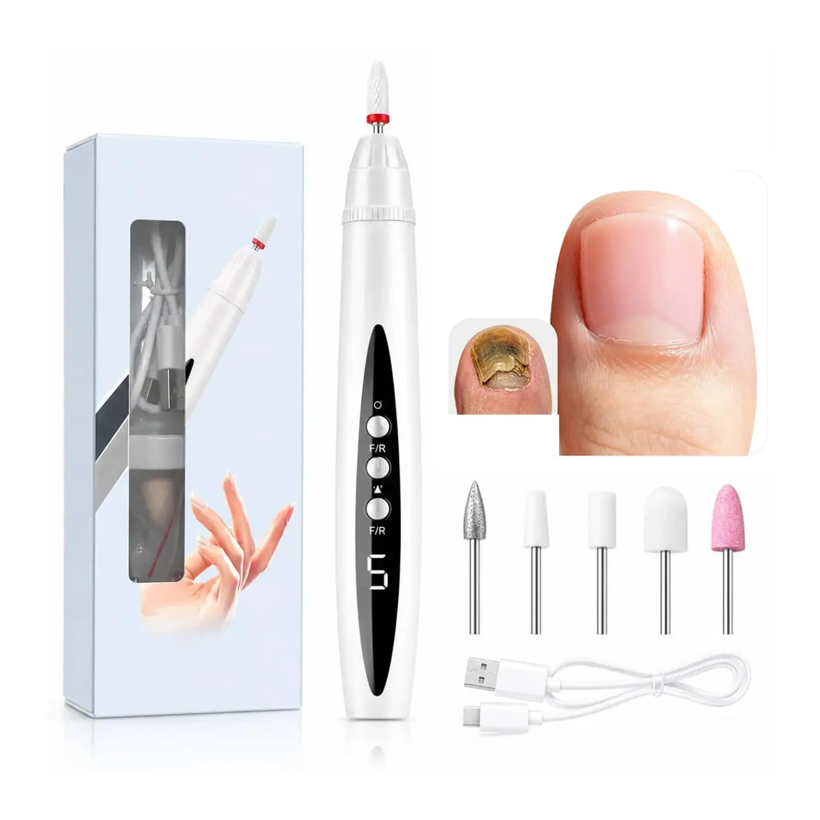 2 in 1 Electric Nail Drill with LED Nail Lamp, 5 Speed Adjustable Portable Rechargeable Nail Drill Machine, Professional Manicure Pedicure Tool for Gel Nail Remover, White
