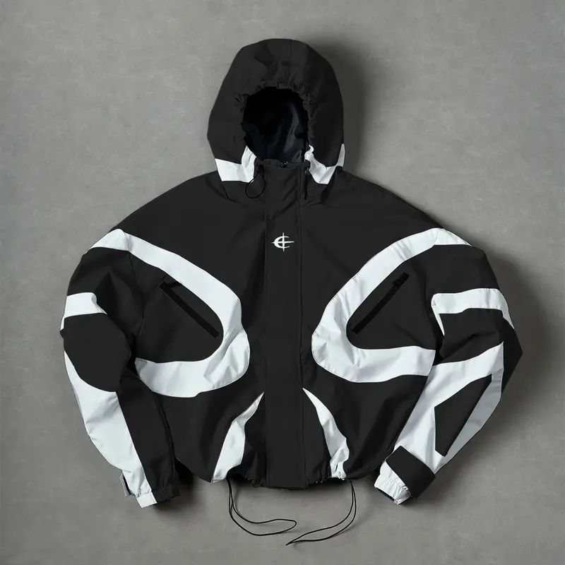 Men’s Color-Block Hooded Polyester Outdoor Jackets - Wind-Resistant Outerwear, Drawstring Hem, Stylish Sportswear for Hiking, Everyday Outings