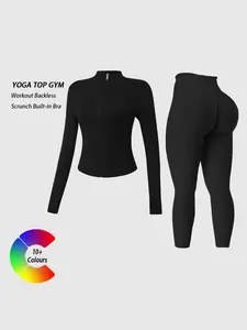 Women's Two-Piece Long Sleeve Pants Sport Set, Stand Collar Full Zip Thumb Hole Jacket Top, High Waist Tight Fit Yoga Gym Outdoor Running