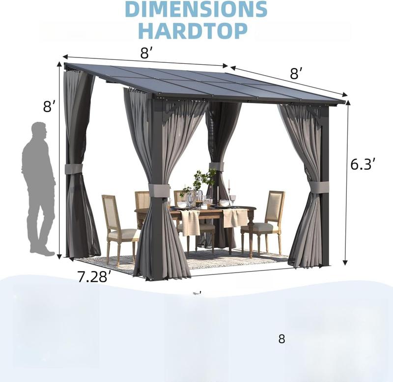 AECOJOY Gazebo for Patio, Small Wall-Mounted Lean to Pergola 8x8 Gazebo with Curtains and Netting, Hard Top Gazebo on Clearance for Lawn Backyard Garden Deck