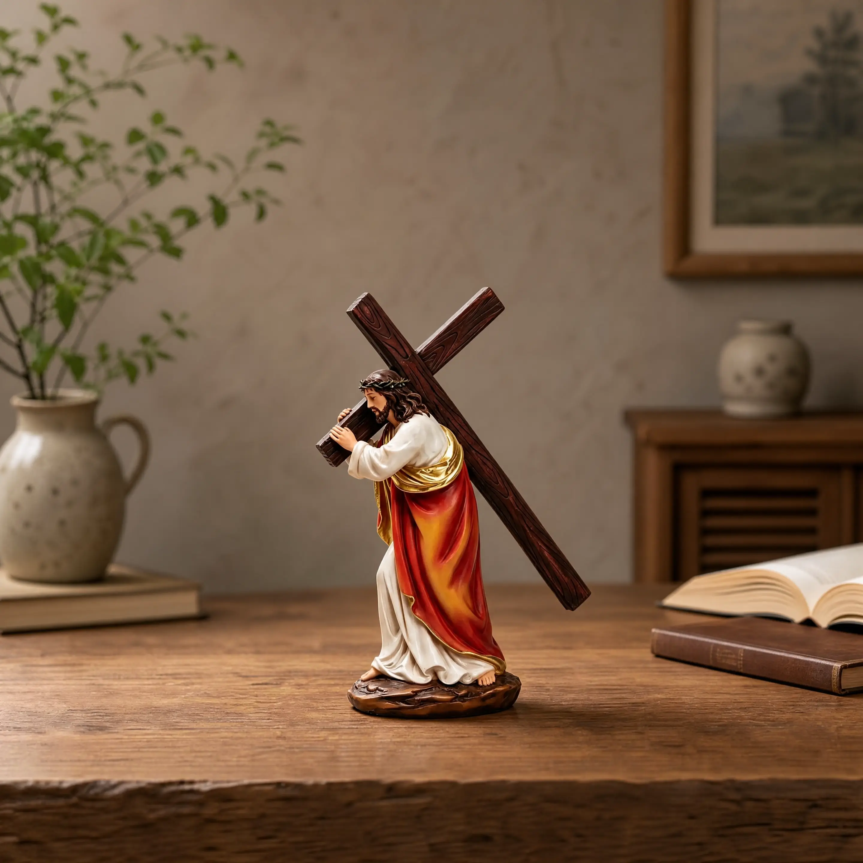 Resin Jesus Carrying Cross Statue, Christian Religious Desktop Decor Figurine
