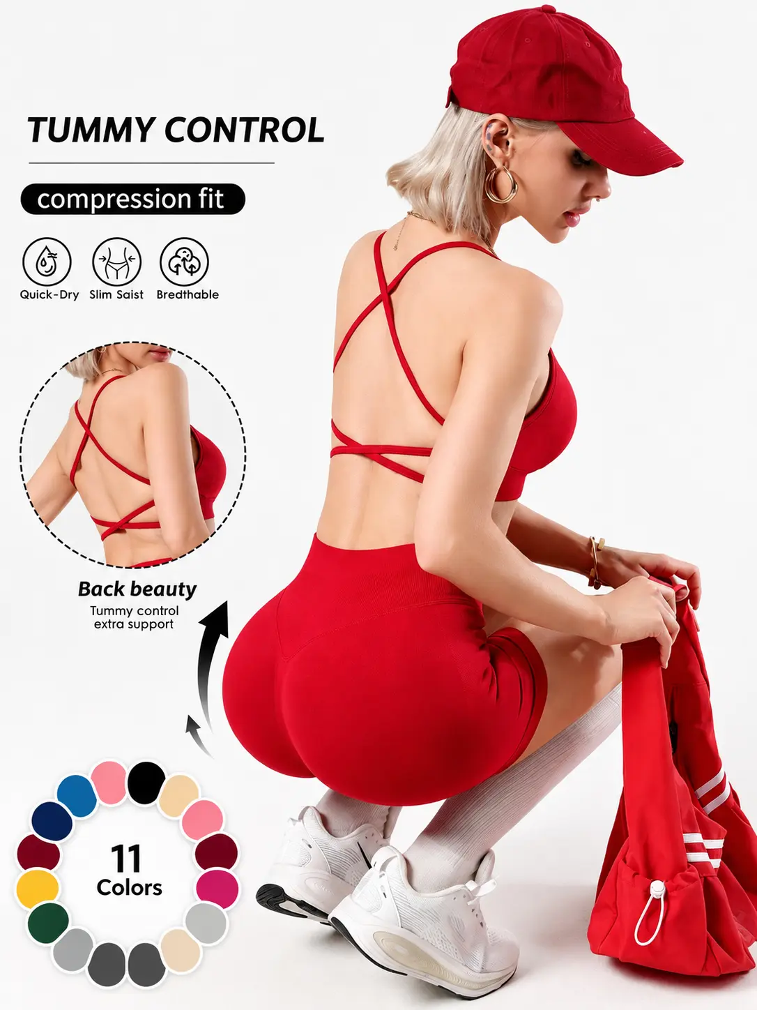 Women's 2-Piece Quick Dry Seamless Sports Set - Square Neck Strappy Back Bra, High Waist Butt Scrunch Tummy Control Shorts, Universal Sport Activewear for Gym Yoga Run